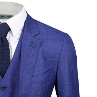 Mens 3 Piece Check Suit Royal Blue Vintage Tailored Fit Blazer Waistcoat Trouser 4