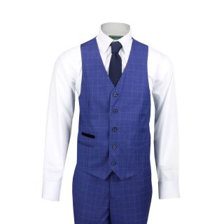 Mens 3 Piece Check Suit Royal Blue Vintage Tailored Fit Blazer Waistcoat Trouser 5