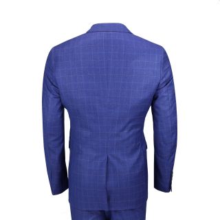 Mens 3 Piece Check Suit Royal Blue Vintage Tailored Fit Blazer Waistcoat Trouser 6