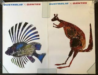 True Vtg Qantas Airlines Airways Poster Australia Aboriginal Kangaroo & Fish Art