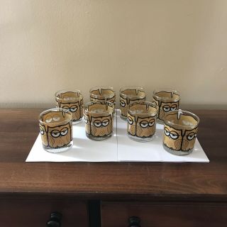 Vintage Mid Century Owl Low Ball Drinking Glasses Set Of 8 Signed M Petti