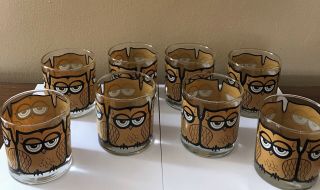 Vintage Mid Century Owl Low Ball Drinking Glasses Set of 8 signed M Petti 3