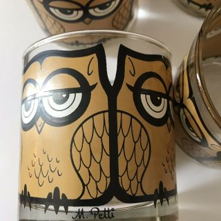 Vintage Mid Century Owl Low Ball Drinking Glasses Set of 8 signed M Petti 5