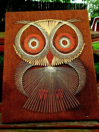 Owl Wall Decor Vintage String Art Mid Mid Century 20 Inches On Board Rust Browns