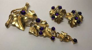 Trifari Kunio Matsumo Gold Tone Purple Rhinestone Leaf Pin Brooch Clip Earrings