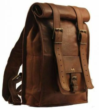 Real men ' s leather backpack bag satchel laptop briefcase brown vintage 2