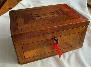 Stunning Antique / Vintage Wooden Box With Inlay Has Lock With Key.