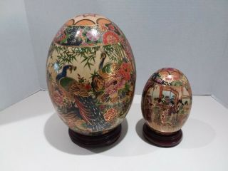 Antique Vtg Chinese Satsuma Porcelain Large & Small Eggs Peacock & Geisha (2)