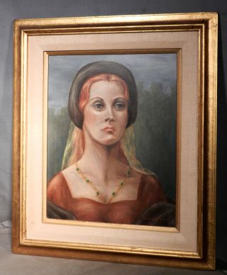 Vintage Modern Margaret L Hughes Painting Portrait Medieval Girl Gold Leaf Frame