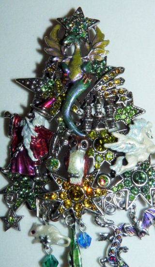 Kirks Folly Huge Enamel Magical Christmas Dragon Tree W/dangles Pendant Pin