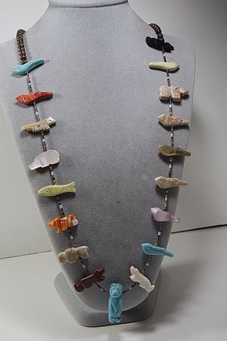 Vintage Zuni Carved Stone Fetish Heishi Bead Necklace