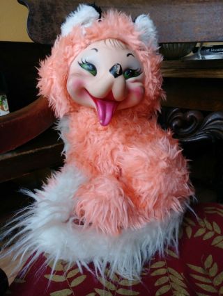 Vintage Rushton Pink Fox W/ Smiling Rubber Face White Tail Sitting Position 17 " H