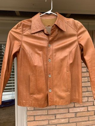 Vintage Cortefiel Mens Brown Leather Jacket Coat Made In Spain Size 46 Cognac