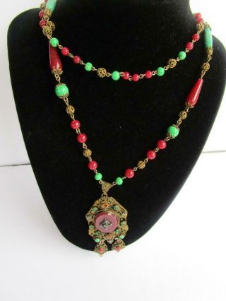 Vintage Art Deco Revival Czech Style Glass Beads Pendant Necklace