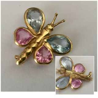 Vintage Jewellery 18ct Gold Pink & Blue Sapphire Butterfly Brooch Dress Pin