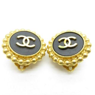 Auth Chanel Cc Earrings Black Gold Plated Vintage