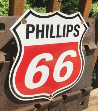 VINTAGE PHILLIPS 66 PORCELAIN SHIELD SIGN GAS STATION PUMP PLATE MOTOR OILS 2
