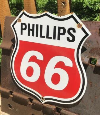 VINTAGE PHILLIPS 66 PORCELAIN SHIELD SIGN GAS STATION PUMP PLATE MOTOR OILS 3