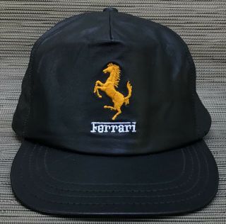 Vintage Ferrari Black Leather Hat Cap Embroidered Adjustable Size Made In Usa
