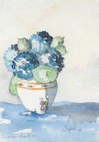Vintage French Watercolor,  Hydrangeas In Quimper Porcelain Vase Brittany,  Signed