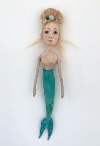 Mermaid Folk Art Doll Sculpture Cloth And Clay Painted By Artist