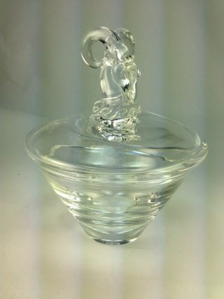 Vintage Steuben Crystal Art Glass Rams Head Covered Bowl Candy Dish Signed