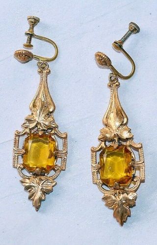 Art Deco Czech Amber Glass & Gold - Plated Leaf Brass Earrings