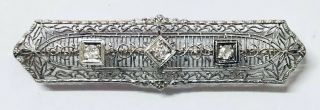 14k White Gold Stick Pin Diamond Art Deco Filagree Brooch Antique Jewelry