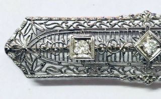 14K White Gold Stick Pin Diamond Art Deco Filagree Brooch Antique Jewelry 2