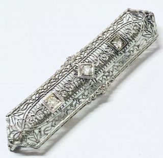 14K White Gold Stick Pin Diamond Art Deco Filagree Brooch Antique Jewelry 5