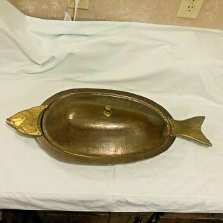 Vintage Hammered Copper & Brass Lidded Fish Platter Unique Metal Plate Server