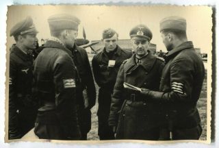 German Wwii Archive Photo: Group Of Luftwaffe Pilots At Airfield
