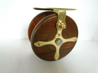 A ANTIQUE WOOD AND BRASS STARBACK FISHING REEL BY S.  ALLCOCK OF REDDITCH 2