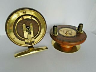 A ANTIQUE WOOD AND BRASS STARBACK FISHING REEL BY S.  ALLCOCK OF REDDITCH 8