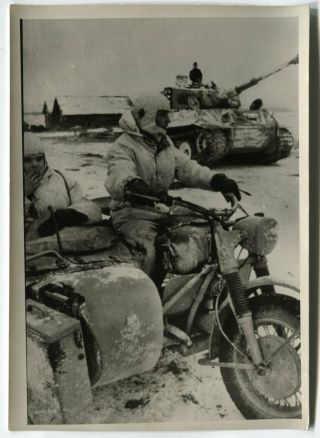 German Wwii Photo: Motorcycle With Sidecar & Tiger Heavy Tank,  Agfa Postcard
