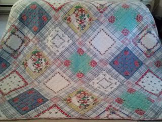 Vintage Hand Quilted Pieced&sewn Square Patchwork Cotton Quilt&2 Shams - Queen