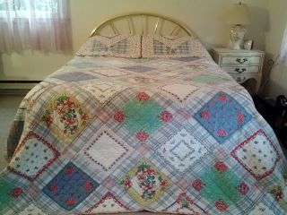 VINTAGE HAND QUILTED PIECED&SEWN SQUARE PATCHWORK COTTON QUILT&2 SHAMS - QUEEN 2