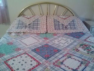 VINTAGE HAND QUILTED PIECED&SEWN SQUARE PATCHWORK COTTON QUILT&2 SHAMS - QUEEN 3