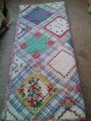 VINTAGE HAND QUILTED PIECED&SEWN SQUARE PATCHWORK COTTON QUILT&2 SHAMS - QUEEN 8