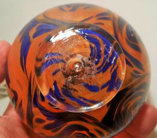 THE EDGE vtg studio art glass fish float orange blue swirl paperweight sculpture 2