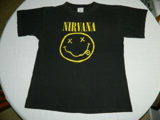 Mens Vintage 1992 Wild Oats Nirvana Smiley Face Kurt Cobain Black T - Shirt Sz L