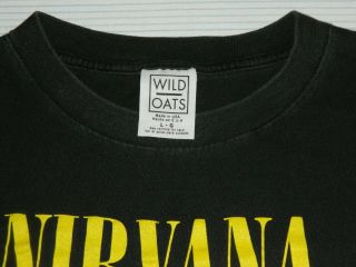 Mens Vintage 1992 Wild Oats NIRVANA Smiley Face Kurt Cobain Black T - Shirt Sz L 4