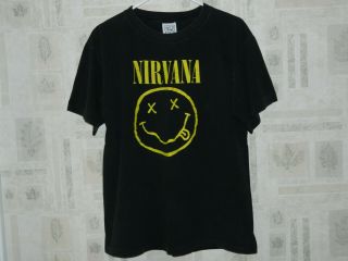 Mens Vintage 1992 Wild Oats NIRVANA Smiley Face Kurt Cobain Black T - Shirt Sz L 5