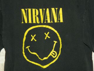 Mens Vintage 1992 Wild Oats NIRVANA Smiley Face Kurt Cobain Black T - Shirt Sz L 6
