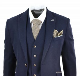 Mens Wool Tweed 3 Piece Vintage Peaky Blinders Suit Navy Blue Retro Classic