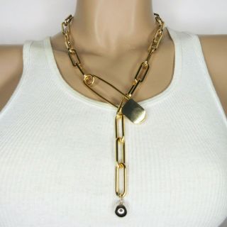 Rare BURBERRY Couture Highly Polished Golden Safety Pin Runway Necklace 3