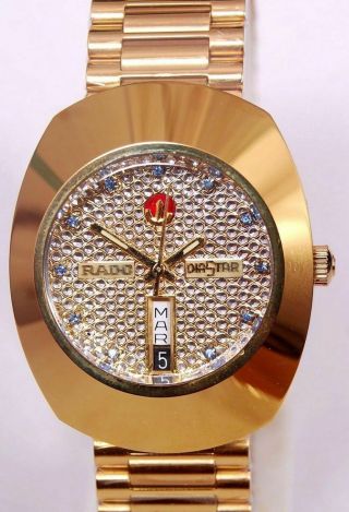 Vintage Rado Diastar 36mm Automatic Swiss Mens Wrist Watch Gold Blue Diamond