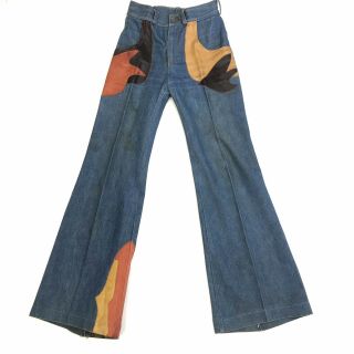Vintage Rare Denim Bell Bottoms With Leather Trim