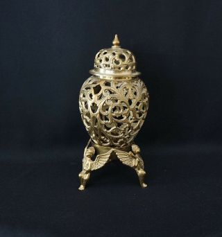 Vintage Brass Filigree Candle Holder Angels Footed Urn Lid Ornate