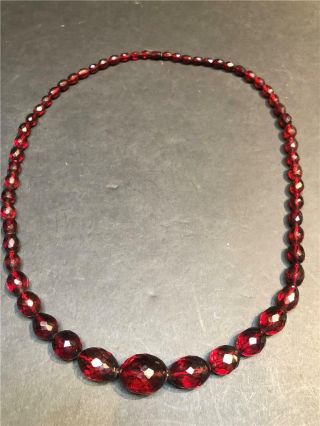 Large Antique Victorian Graduated Faceted Cherry Amber Bead Necklace